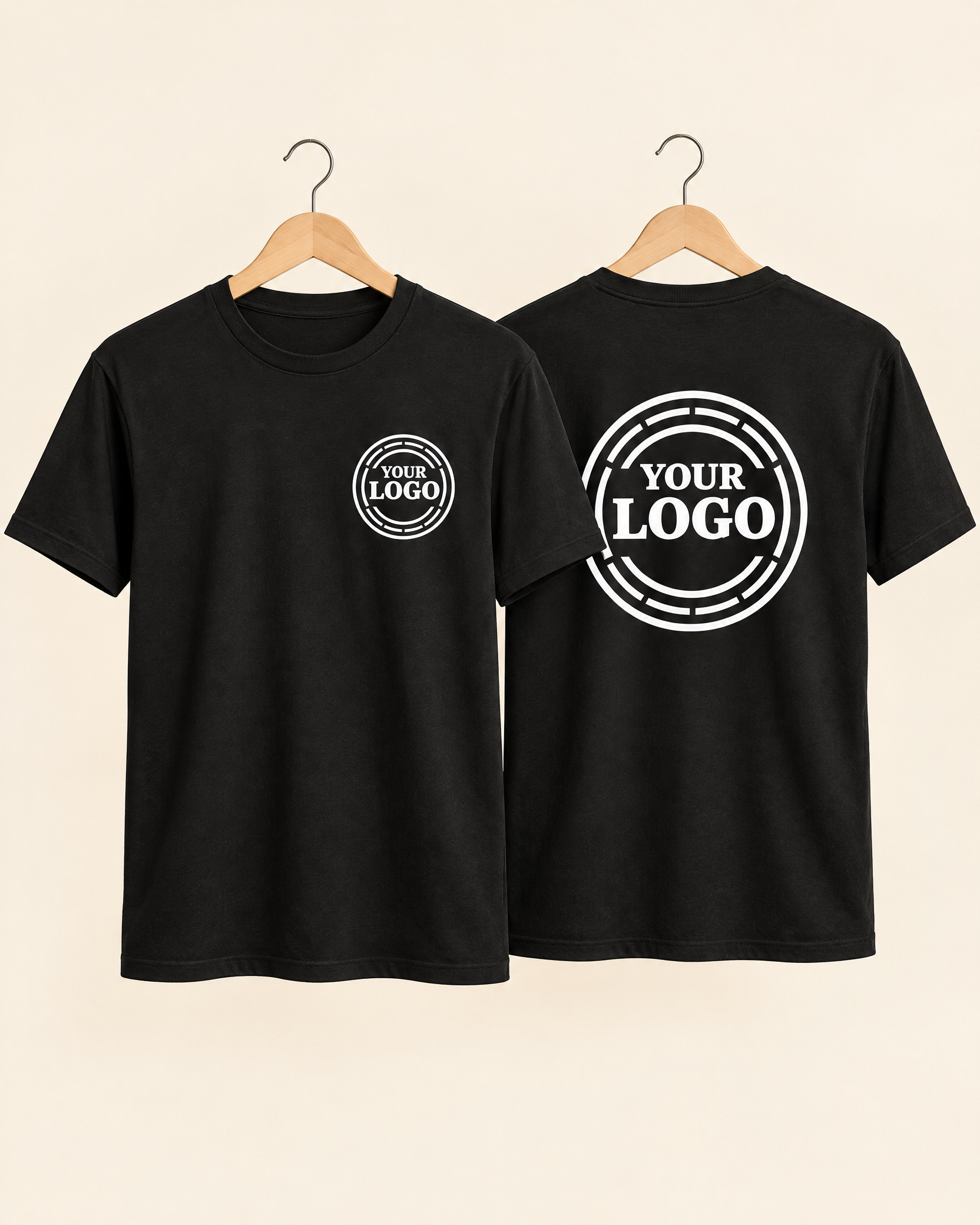 Black completed T-shirts shown front and back with white Your Logo print placement